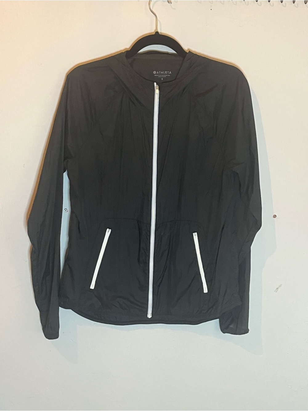 Athleta Black super lightweight hooded Windbreaker Jacket w/ White Zippers NWOT